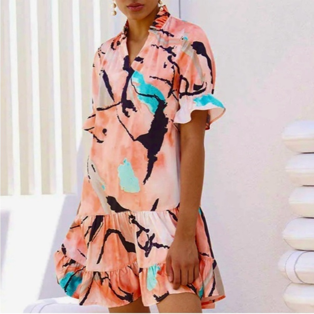 NWT Ming Wang Modern Fit Drop Waist Flounce Dress Abstract Print XL Retail $235